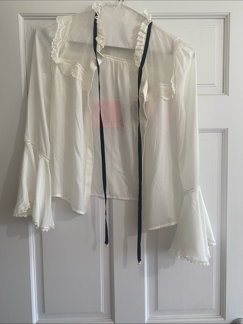 Semi-Sheer Ivory Lace-Trim Blouse with Black Ribbon Tie